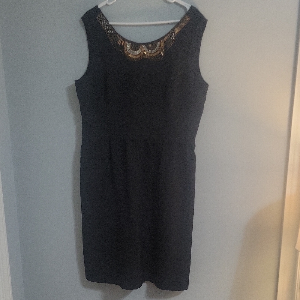 Ellen Tracy dress; Black, sleeveless, Sequined embellishment at neck; Size 16